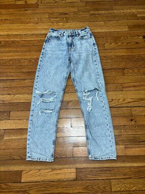 American Eagle Womens Mom Straight Jeans Sz 0 25x28 Blue Light Distressed Denim